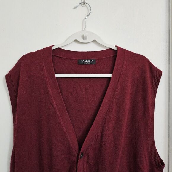 Kallspin Vest Mens XL Tall XLT Red Wool V Neck Sweater Academia Button Front - Picture 3 of 8